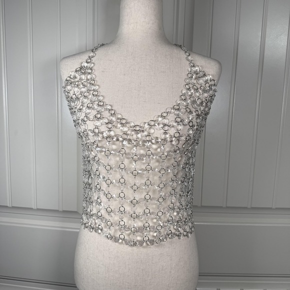 Fashion Nova Tops - Fashion Nova Kylie Jeweled Mesh Tank Womens Medium Crystal Acrylic Clubwear Top‎